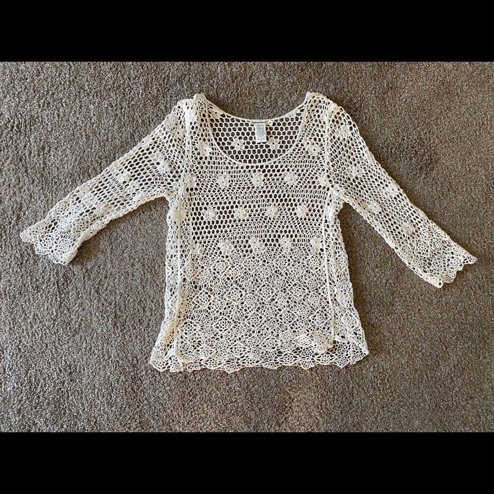 White Crochet Quarter-Sleeve Shirt